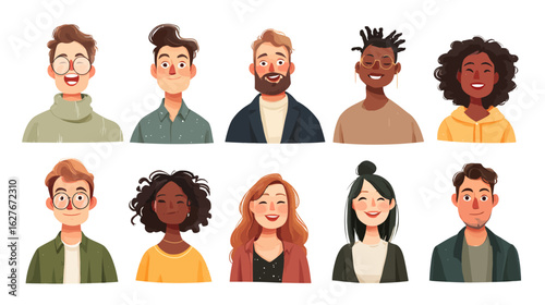 Diverse people avatars collection. Set of multiracial men and women portraits. User profile icons for social media. Team members smiling faces. Flat cartoon vector characters.