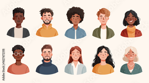 Diverse people avatars collection. Set of multiracial men and women portraits. User profile icons for social media. Team members smiling faces. Flat cartoon vector characters.