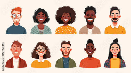 Diverse people avatars collection. Set of multiracial men and women portraits. User profile icons for social media. Team members smiling faces. Flat cartoon vector characters.