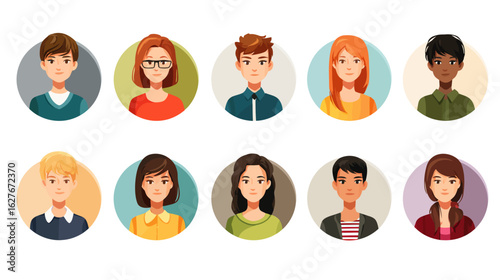 Diverse people avatars collection. Set of multiracial men and women portraits. User profile icons for social media. Team members smiling faces. Flat cartoon vector characters.