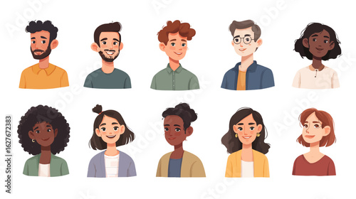 Diverse people avatars collection. Set of multiracial men and women portraits. User profile icons for social media. Team members smiling faces. Flat cartoon vector characters.