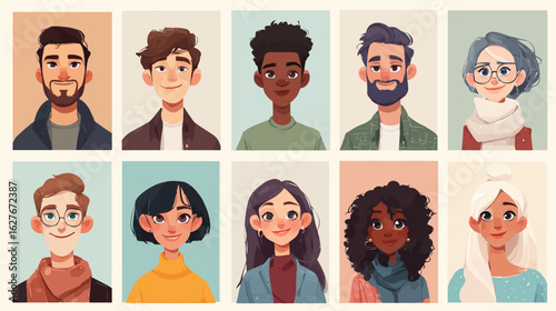 Diverse people avatars collection. Set of multiracial men and women portraits. User profile icons for social media. Team members smiling faces. Flat cartoon vector characters.