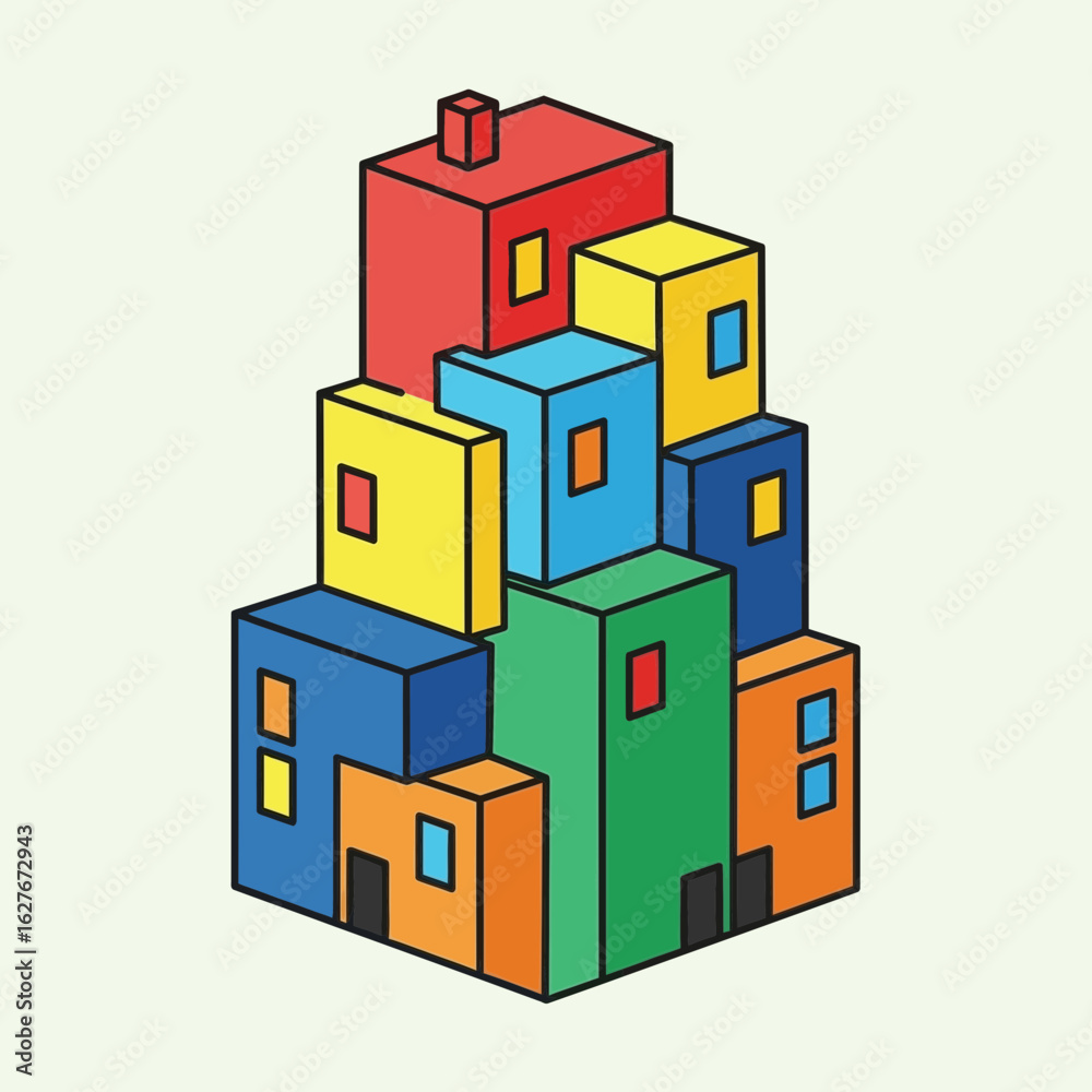 Fototapeta premium Stacked colorful cubic buildings illustration on a white background.