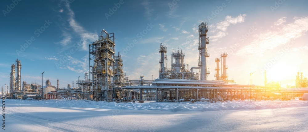 Fototapeta premium The industrial refinery complex under a beautiful snowy sunset.