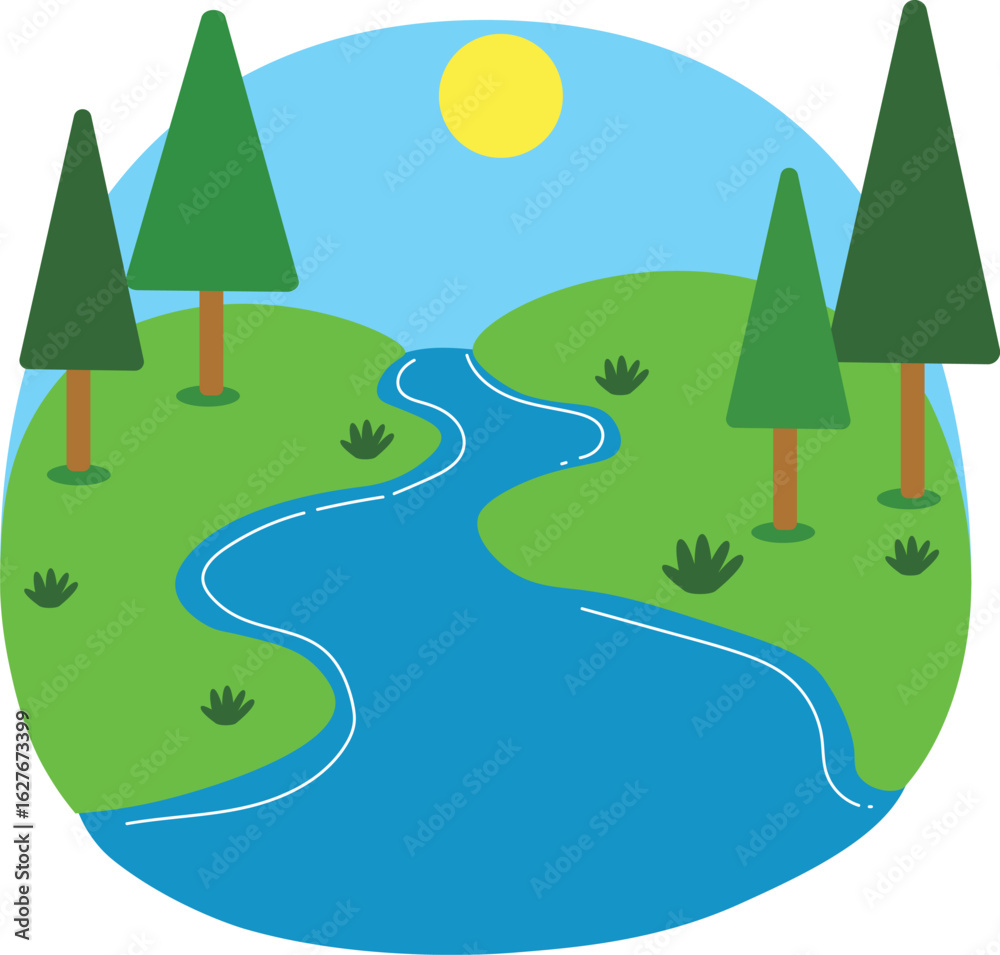 Fototapeta premium River green hills trees sun