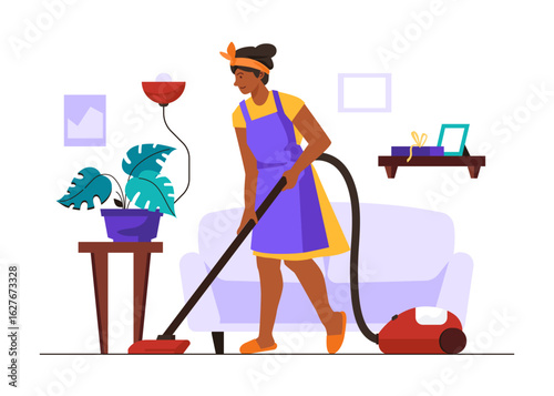 Woman vacuuming the floor - modern colorful flat design style illustration