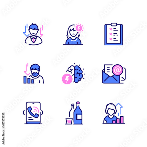 Stress and burnout - line design style icons set