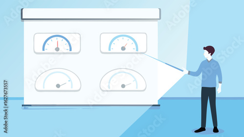 Man presenting dashboard with gauges using pointer stick in a light blue and white office setting design