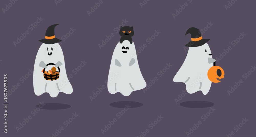 Obraz premium Cute ghosts wearing witch hats holding pumpkin basket and lantern, with black cat. Halloween celebration..