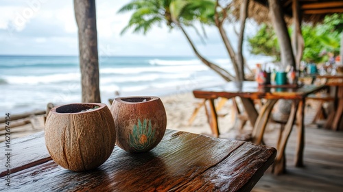 Wallpaper Mural Photorealistic visualization of a coastal restaurant serving drinks in coconut shells, in the context of island life, vibrant tropical atmosphere. Torontodigital.ca