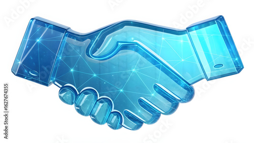 3D holographic glass handshake icon symbolizing partnership, agreement, trust and cooperation, isolated on white