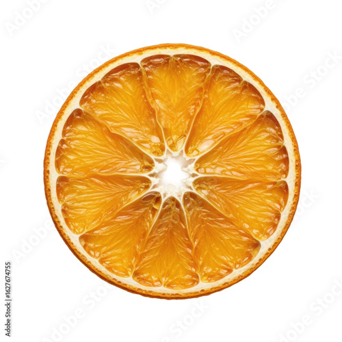 A single, perfectly round, translucent golden-amber dried orange slice with intricate segment patterns and a star-like center, floating on a pristine transparent studio background with no shadows,
