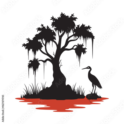 Cypress Submerged Swamp Dusk Heron Silhouette