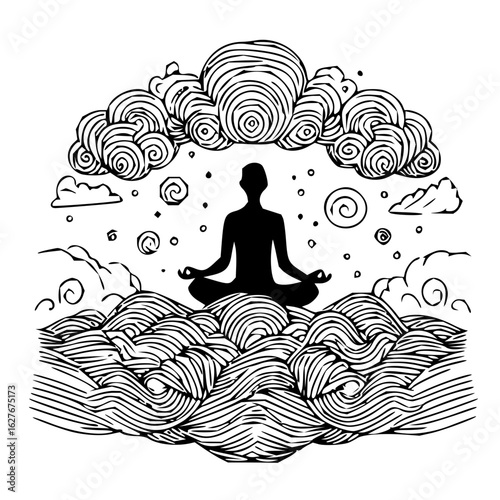 Silhouette of a person meditating in lotus position on waves under clouds with spiral details and dots around it