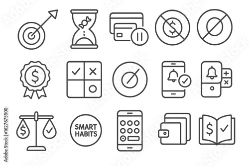Financial Discipline Icons. Line style icons of financial discipline: goal tracking arrow, delayed gratification symbol, spending
