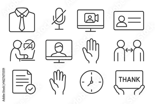 Online Meeting Etiquette Icons. Line style icons of online meetings etiquette: dress code top, mute icon, camera on, name display,