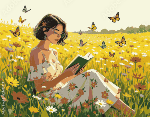 un adolescente lee un libro en medio de un campo de flores en un ambiente primavera. 15 colores