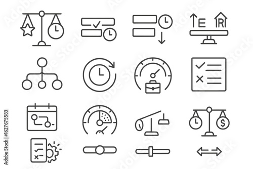 Time Decision Icons. Line style icons of time-related decision making: priority scale, task vs time bar, estimated vs real