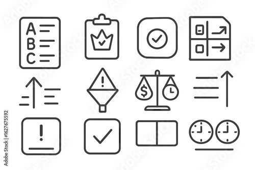 Time Management Icons. Line style icons of time prioritization: A/B/C priority card, most important task crown, high priority icon