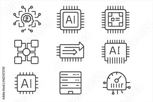 AI Hardware Line Icons. Line style icons of AI chipsets and hardware: neural processing unit, AI circuit board, GPU chip, tensor