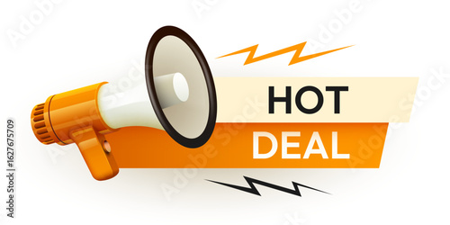 Hot deal tag with megaphone. Special promo sign. Sale promotion symbol. Vector illustration