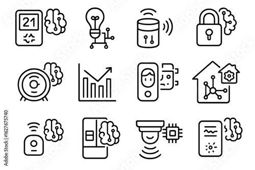 Smart Home AI Icons. Line style icons of AI in smart homes: smart thermostat AI, AI lighting control, voice assistant hub, smart
