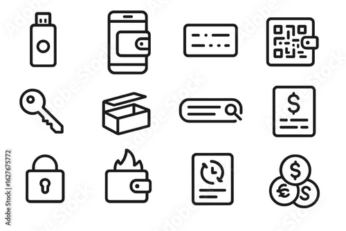 Crypto Wallet Line Icons. Line style icons of crypto wallets: hardware wallet, mobile wallet icon, recovery phrase, QR wallet code