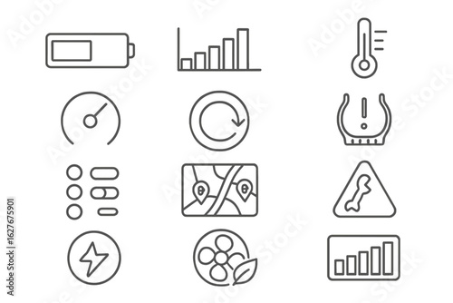 EV Dashboard Icons. Line style icons of EV dashboard screens: digital range bar, real-time efficiency, driving score icon, ambient