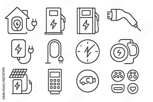 EV Charging Icons. Line style icons of EV charging infrastructure: home charger, public charging station, fast charger, ultra-fast