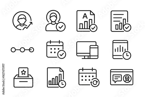 Parental Dashboard Icons. Line style icons of parental dashboards: child progress icon, parent login, report card chart, quiz