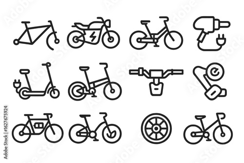 Electric Bike Icons. Line style icons of electric motorcycles and bikes: electric bike frame, motorbike with lightning, battery on