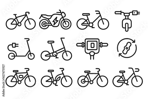 Electric Bike Icons. Line style icons of electric motorcycles and bikes: electric bike frame, motorbike with lightning, battery on