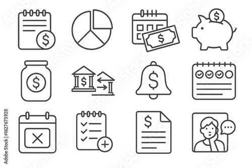 Money Management Icons. Line style icons of money management habits: daily expense log, monthly spending pie, bill payment
