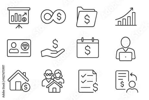 Retirement Income Streams. Line style icons of retirement income streams: pension plan chart, annuity symbol, IRA folder, 401k