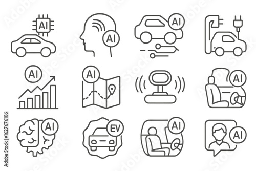 AI-Enhanced EV Icons. Line style icons of AI integration in EVs: onboard AI chip, driver behavior learning, real-time optimization