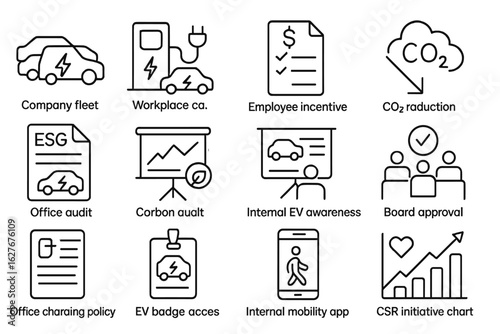 Corporate EV Icons. Line style icons of corporate EV initiatives: green company fleet, EV workplace charging icon, employee