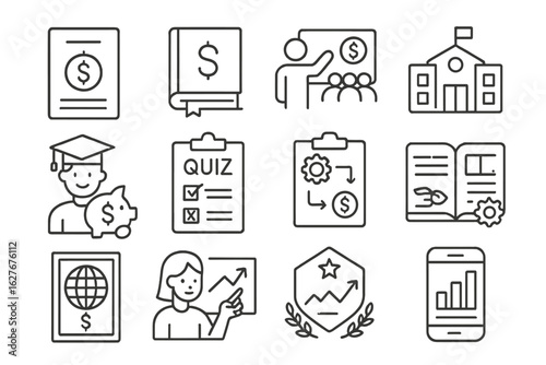 Financial Literacy Icons. Line style icons of financial literacy education: financial terms flashcard, personal finance book,