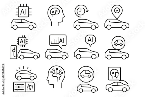 AI-Enhanced EV Icons. Line style icons of AI integration in EVs: onboard AI chip, driver behavior learning, real-time optimization