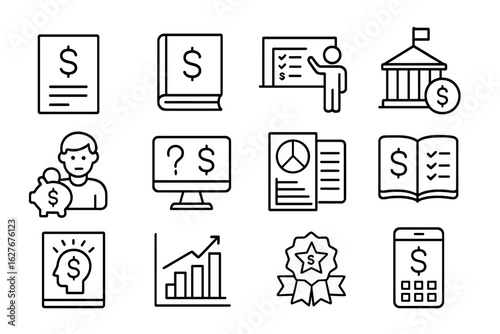 Financial Literacy Icons. Line style icons of financial literacy education: financial terms flashcard, personal finance book,