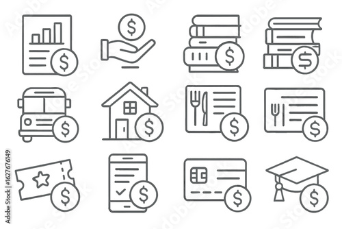 Student Budget Icons. Line style icons of budgeting for students: tuition budget page, part-time job income, student savings