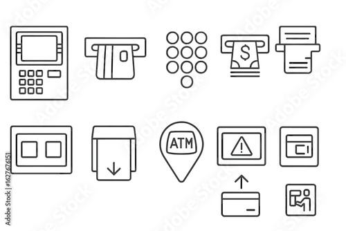 ATM Icon Set. Line style icons of ATM usage and access: ATM machine icon, card insert slot, PIN keypad icon, cash dispense