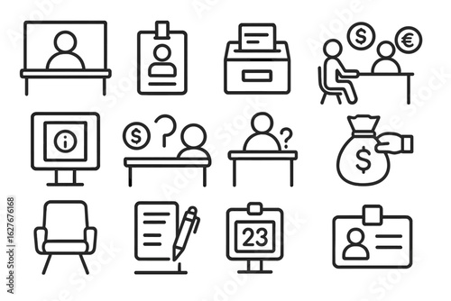 Bank Service Icons. Line style icons of bank branch services: teller window icon, customer token badge, cheque deposit box,