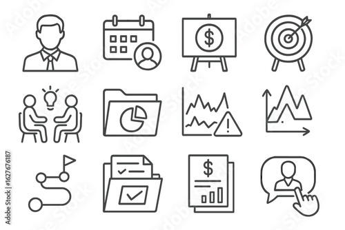 Financial Advisory Icons. Line style icons of financial advisor services: advisor profile icon, consultation calendar, financial