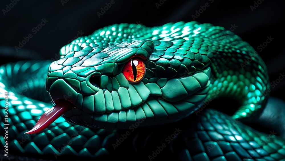 Fototapeta premium Close up of a vibrant green viper snake with piercing red eyes and a forked tongue flicking