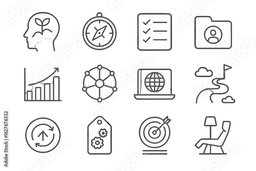Lifelong Learning Icons. Line style icons of lifelong learning themes: growth mindset icon, curiosity compass, new skills