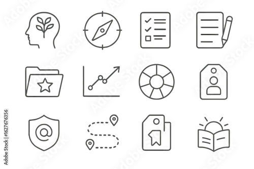 Lifelong Learning Icons. Line style icons of lifelong learning themes: growth mindset icon, curiosity compass, new skills