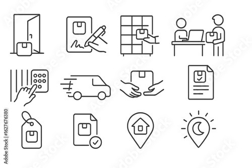 Last-Mile Delivery Icons. Line style icons of last-mile delivery: doorstep parcel icon, signature confirmation, smart locker drop,