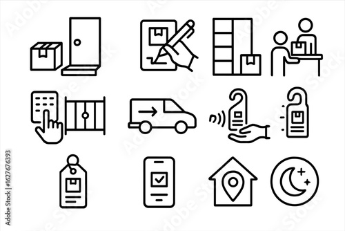 Last-Mile Delivery Icons. Line style icons of last-mile delivery: doorstep parcel icon, signature confirmation, smart locker drop,
