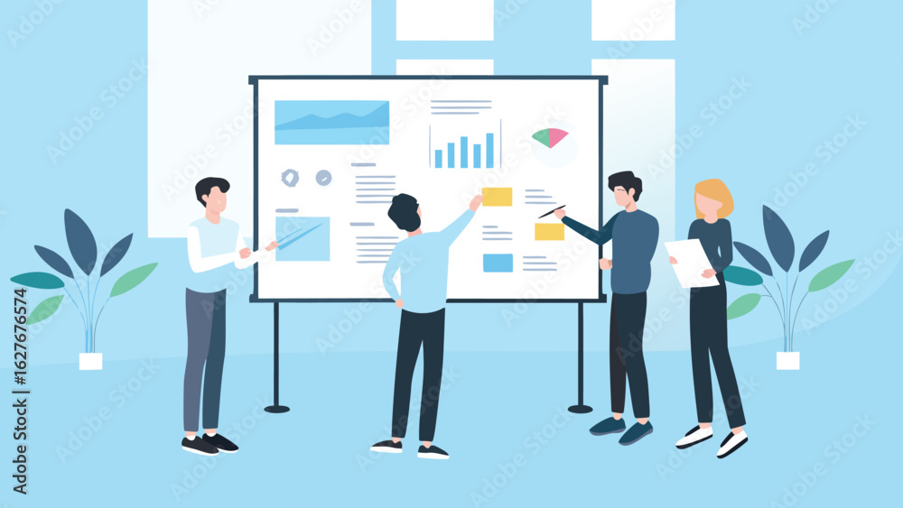 Fototapeta premium Illustration of a presentation with four people standing around a whiteboard in a light blue room space