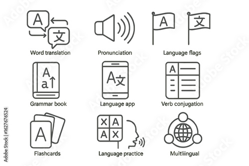 Language Learning Icons. Line style icons of language learning: word translation icon, pronunciation icon, language flags, grammar